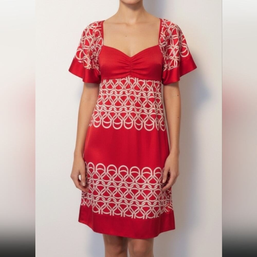Bebe 90s Vintage Silk Sweetheart Empire Shift Dress Short Sleeve Red White, S